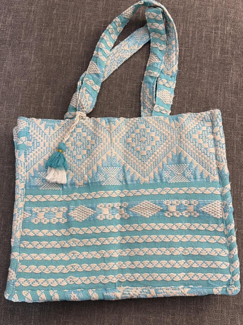 Handwoven Turquoise & Cream Geometric Tote Bag